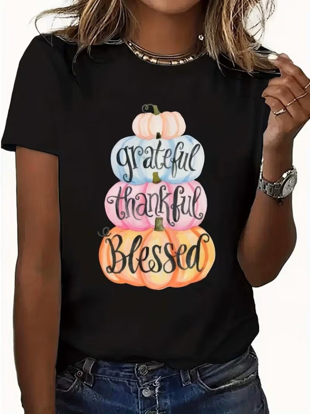 T-Shirt with Stacked Pumpkin Pattern Featuring "Grateful Thankful Blessed" Quote